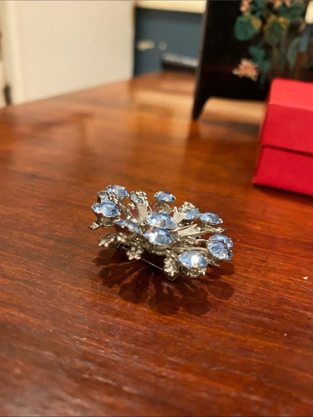Silver-Tone Vintage Tiered Blue Crystal Floral Burst Brooch